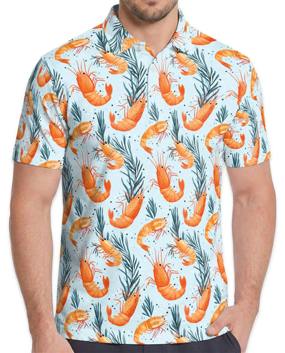 Tropical Shrimp Polo Shirt for Men - Coastal Seafood Hawaiian Summer | Azhawaiian