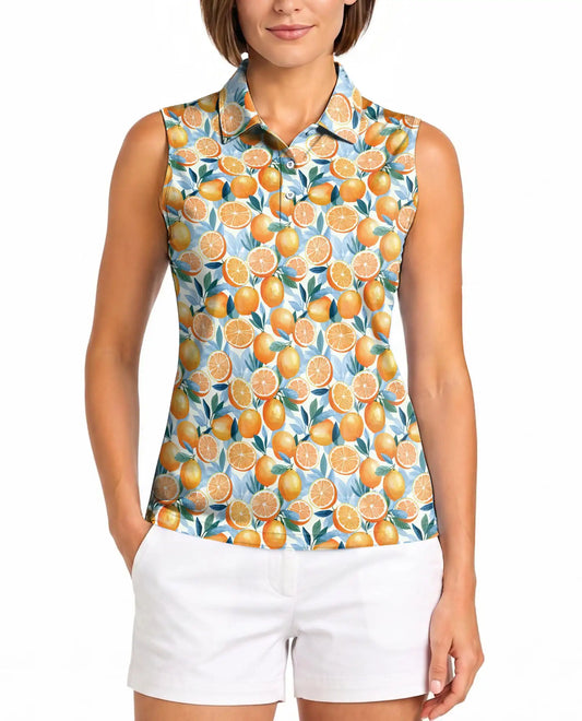 Orange Pattern Sleeveless Polo Shirt for Women | Azhawaiian