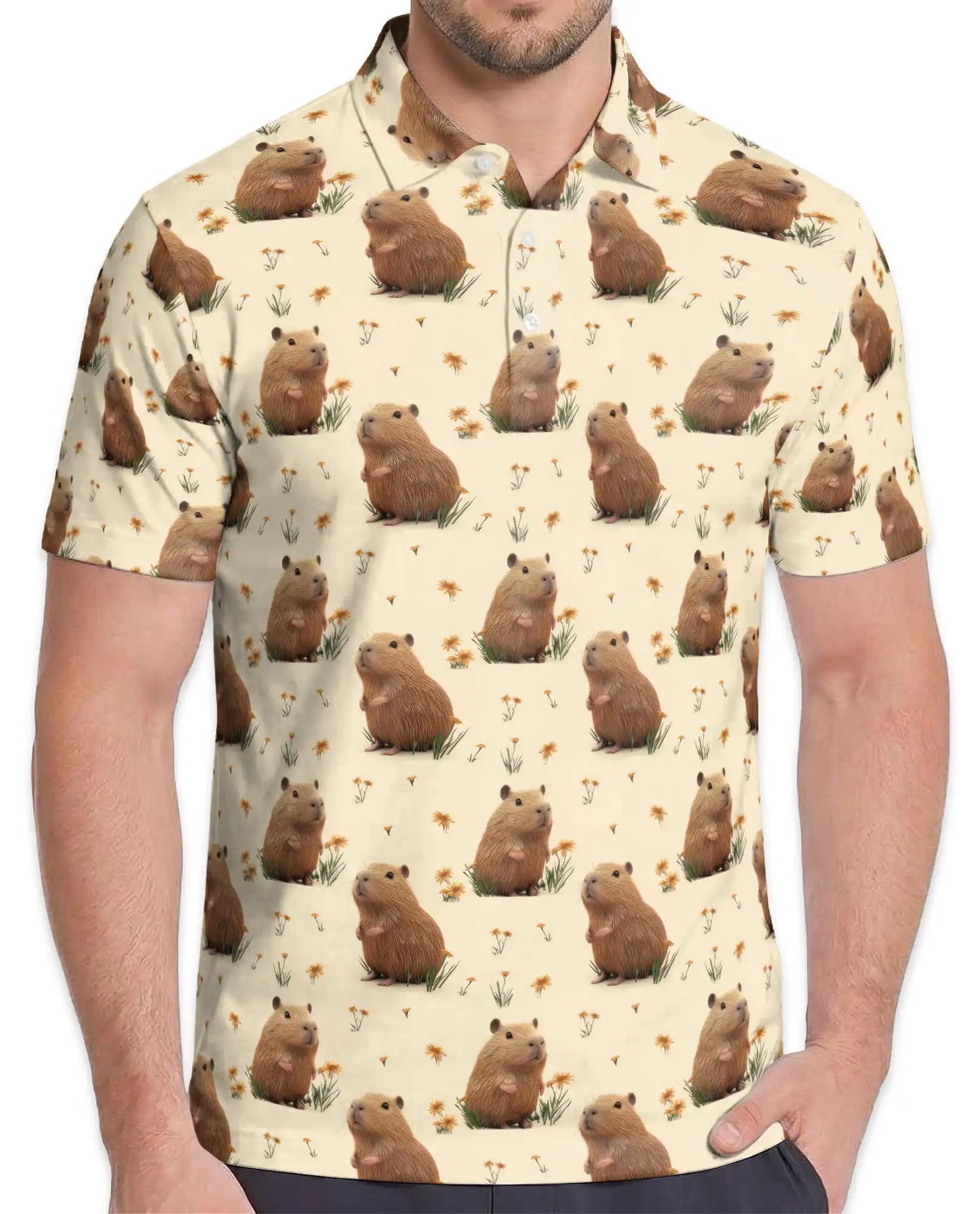 Capybara Polo Shirt, Cute Animal Pattern Style | Azhawaiian