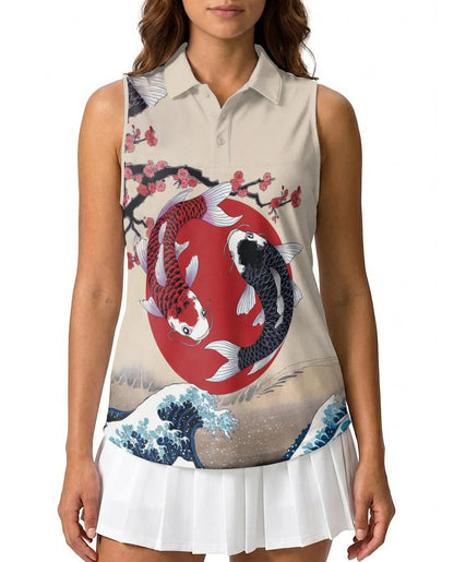 Yin Yang Koi Fish Sleeveless Polo Shirt for Women | Azhawaiian