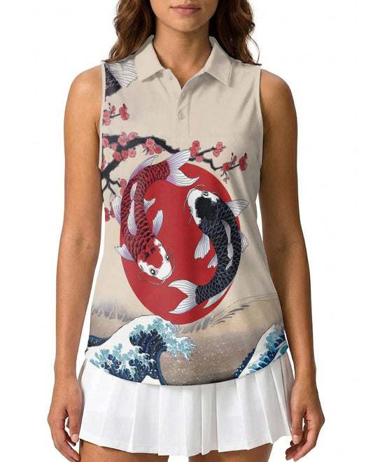 Yin Yang Koi Fish Sleeveless Polo Shirt for Women | Azhawaiian