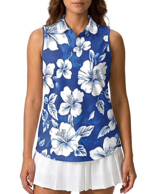 Tropical Hibiscus Blue Sleeveless Polo Shirt for Women | Azhawaiian