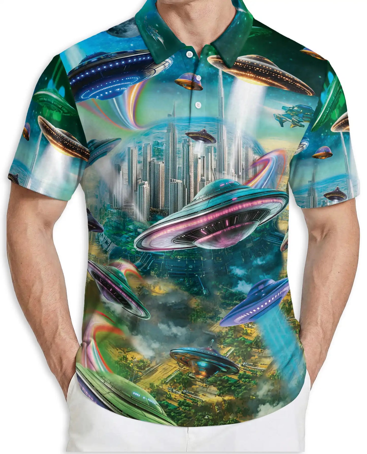 UFO Polo Shirt, Futuristic Sci-Fi City Print | Azhawaiian