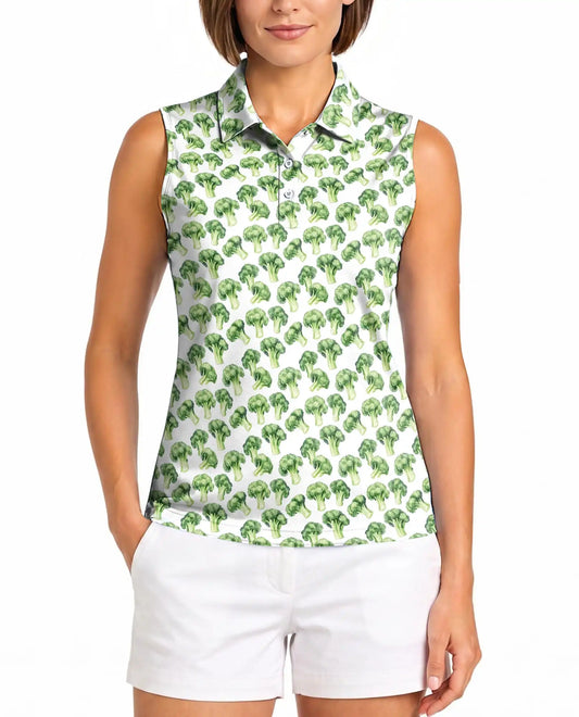 Vegetable Print Sleeveless Polo Shirt for Women, Fresh Food Lover Style | Azhawaiian