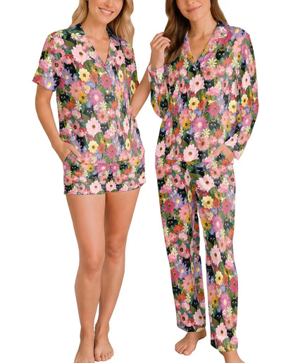 Black Cat Floral Pajama Set for Women – Colorful Wildflower Garden Print