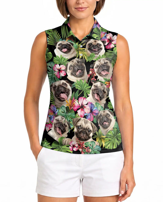 Tropical Pug Sleeveless Polo Shirt for Women, Cute Dog Summer Style | Azhawaiian