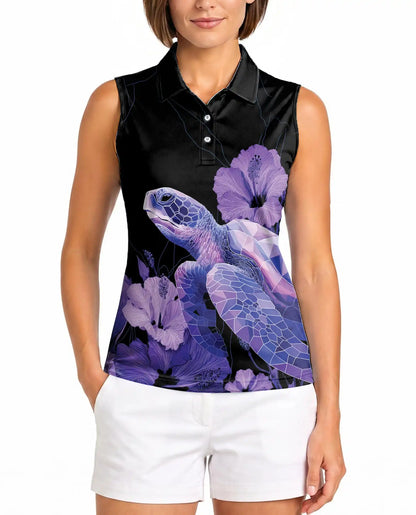 Purple Geometric Sea Turtle Sleeveless Polo Shirt for Women | Azhawaiian