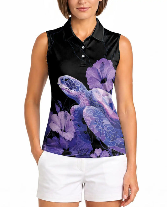 Purple Geometric Sea Turtle Sleeveless Polo Shirt for Women | Azhawaiian