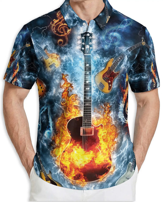 Flaming Guitar 3D Polo Shirt for Men, Rock Music Fire Storm Style | Azhawaiian