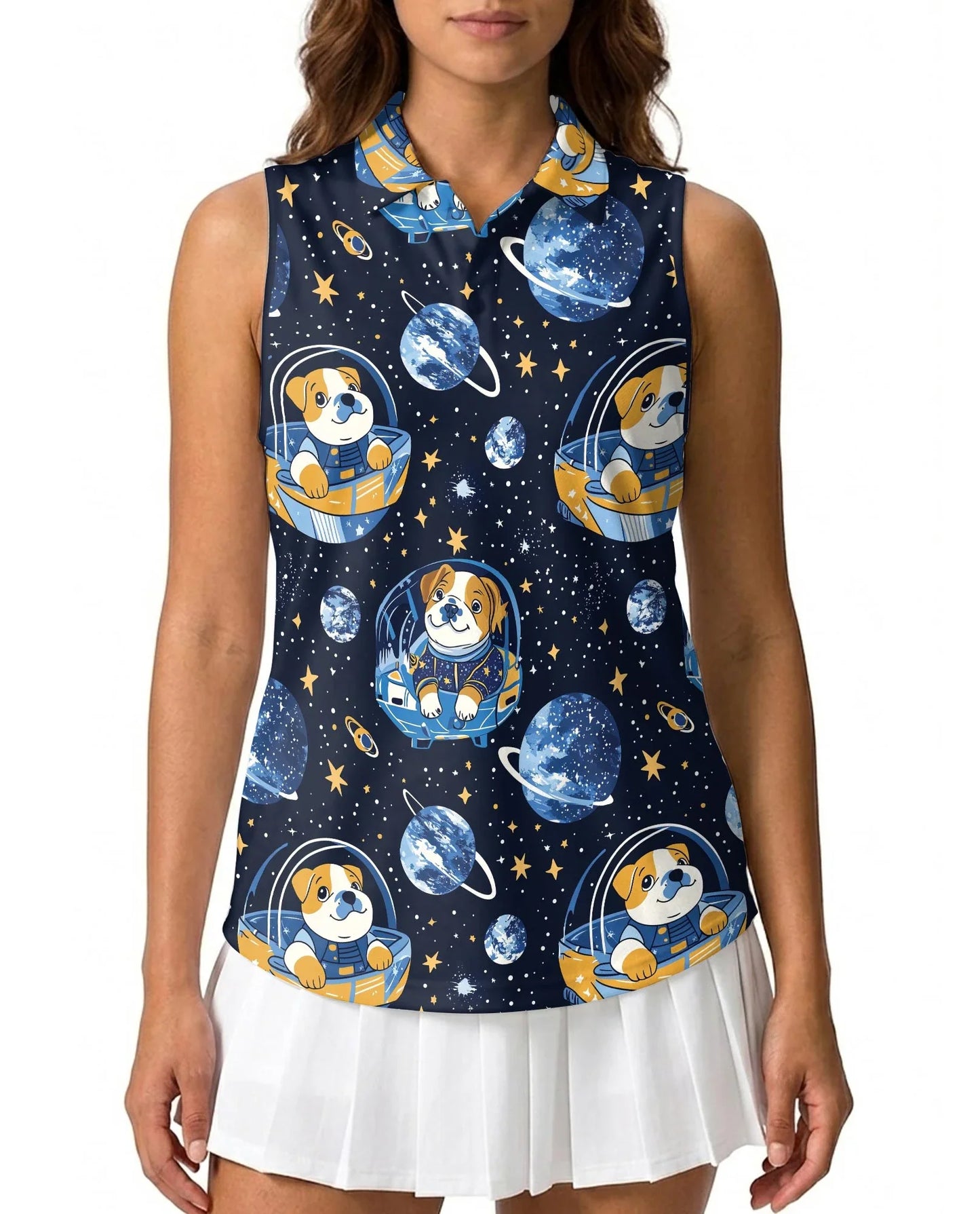 Space English Bulldog Astronaut Sleeveless Polo Shirt for Women | Azhawaiian