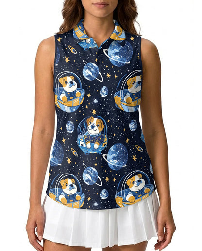 Space English Bulldog Astronaut Sleeveless Polo Shirt for Women | Azhawaiian