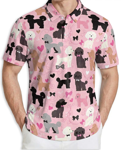 Cute Poodle Dog Lover Polo Shirt for Men - Pink Heart Pattern | Azhawaiian