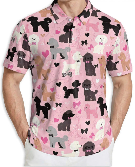 Cute Poodle Dog Lover Polo Shirt for Men - Pink Heart Pattern | Azhawaiian