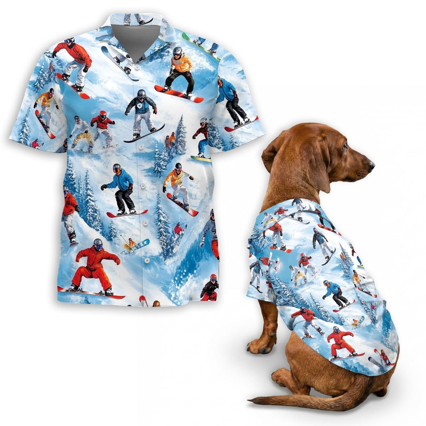 Snowboarding Skiing Matching Dog Owner Hawaiian Shirts, Funny Pet Aloha Shirt for Beach Vacation - Azhawaiian