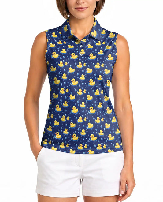 Cartoon Duck Pattern Sleeveless Polo Shirt for Women, Cute Animal Style | Azhawaiian