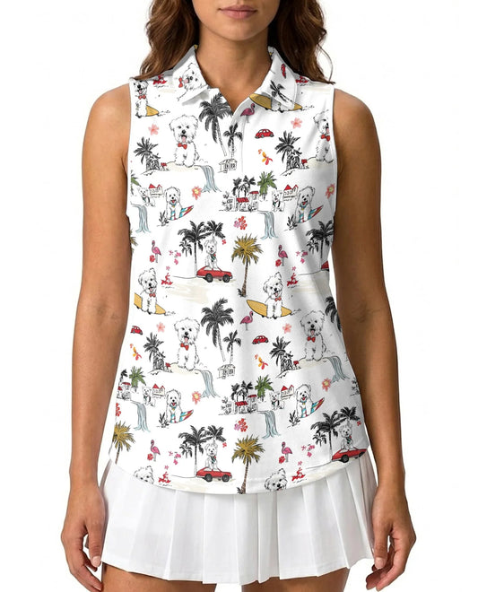 Cute White Maltese Dog Sleeveless Polo Shirt for Women | Azhawaiian