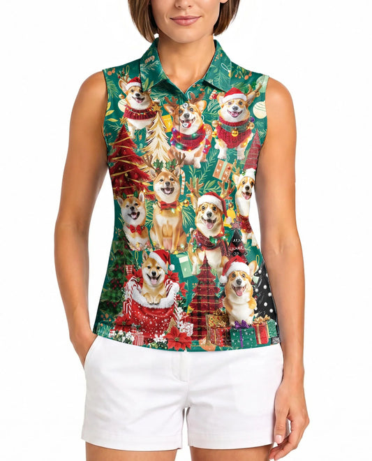 Christmas Corgi Sleeveless Polo Shirt for Women, Cute Dog Holiday Style | Azhawaiian