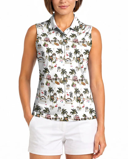 Shih Tzu Dog Sleeveless Polo Shirt for Women, Cute Pet Lover Style | Azhawaiian