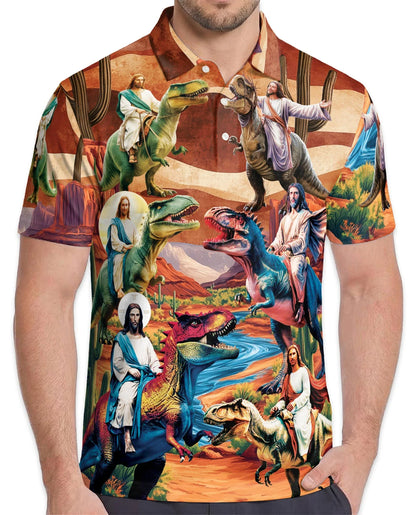 Jesus Riding Dinosaur Polo Shirt for Men, Funny Faith Fantasy Style | Azhawaiian