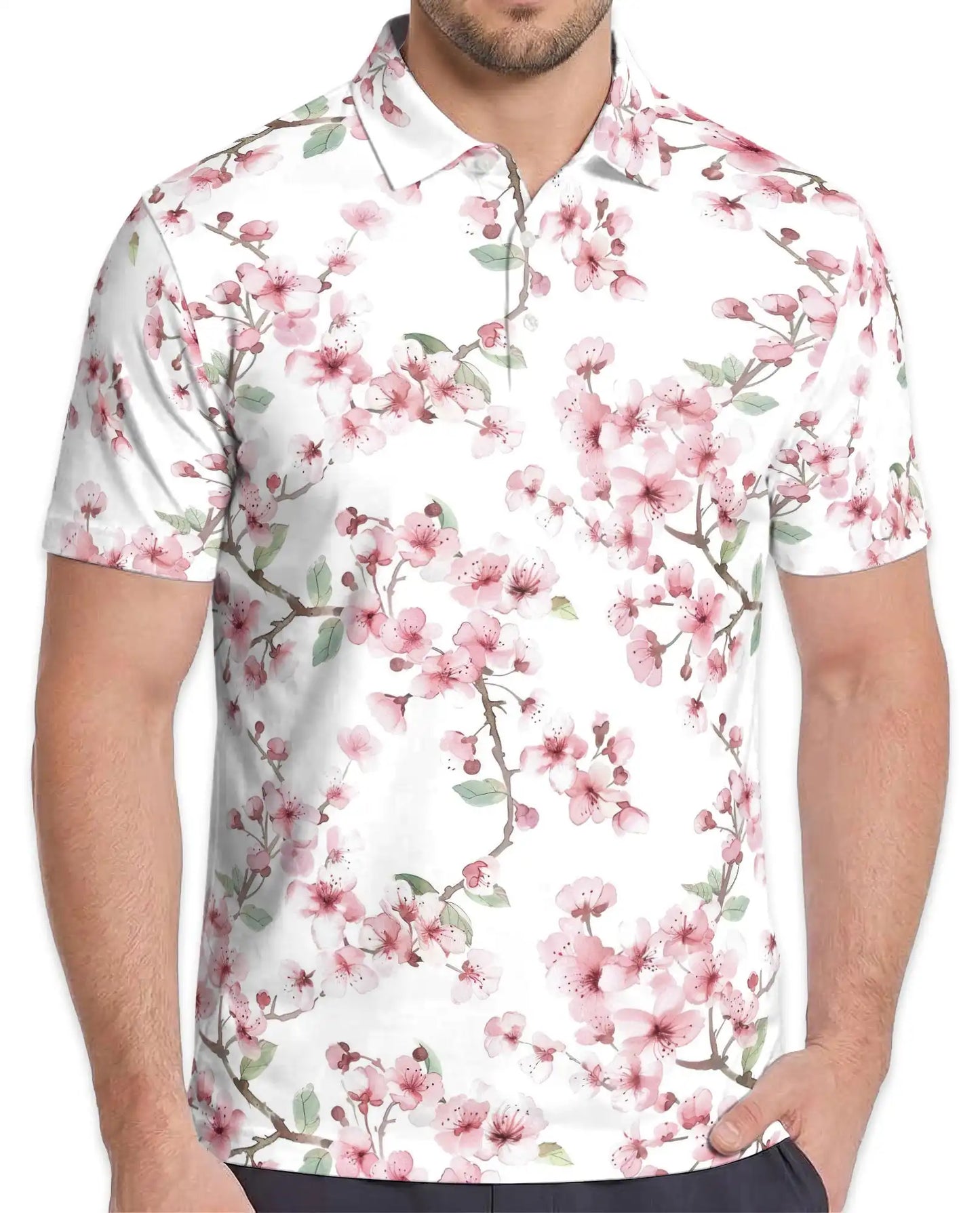 Cherry Blossom Polo Shirt for Men, Spring Floral Style | Azhawaiian