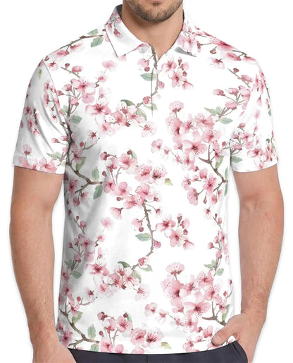 Cherry Blossom Polo Shirt for Men, Spring Floral Style | Azhawaiian