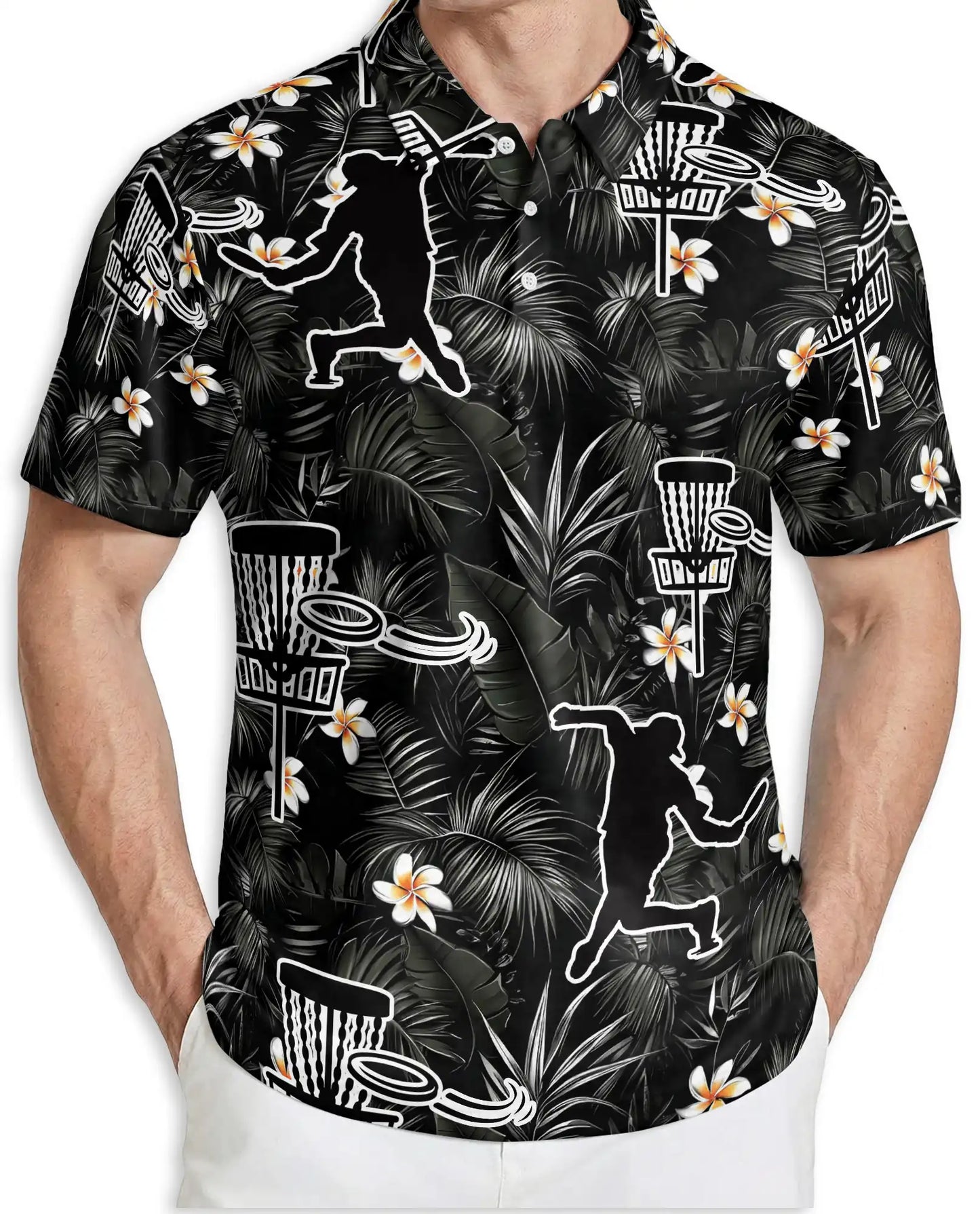 Disc Golf Tropical 3D Polo Shirt for Men, Black Floral Sports Style | Azhawaiian