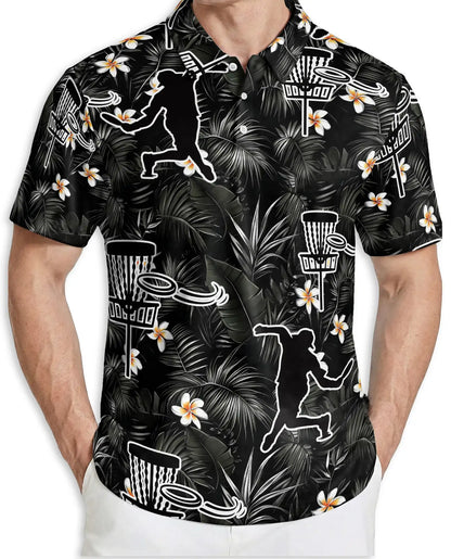 Disc Golf Tropical 3D Polo Shirt for Men, Black Floral Sports Style | Azhawaiian