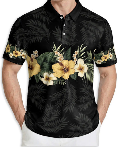 Black Tropical Hibiscus 3D Polo Shirt for Men, Hawaiian Floral Island Style | Azhawaiian