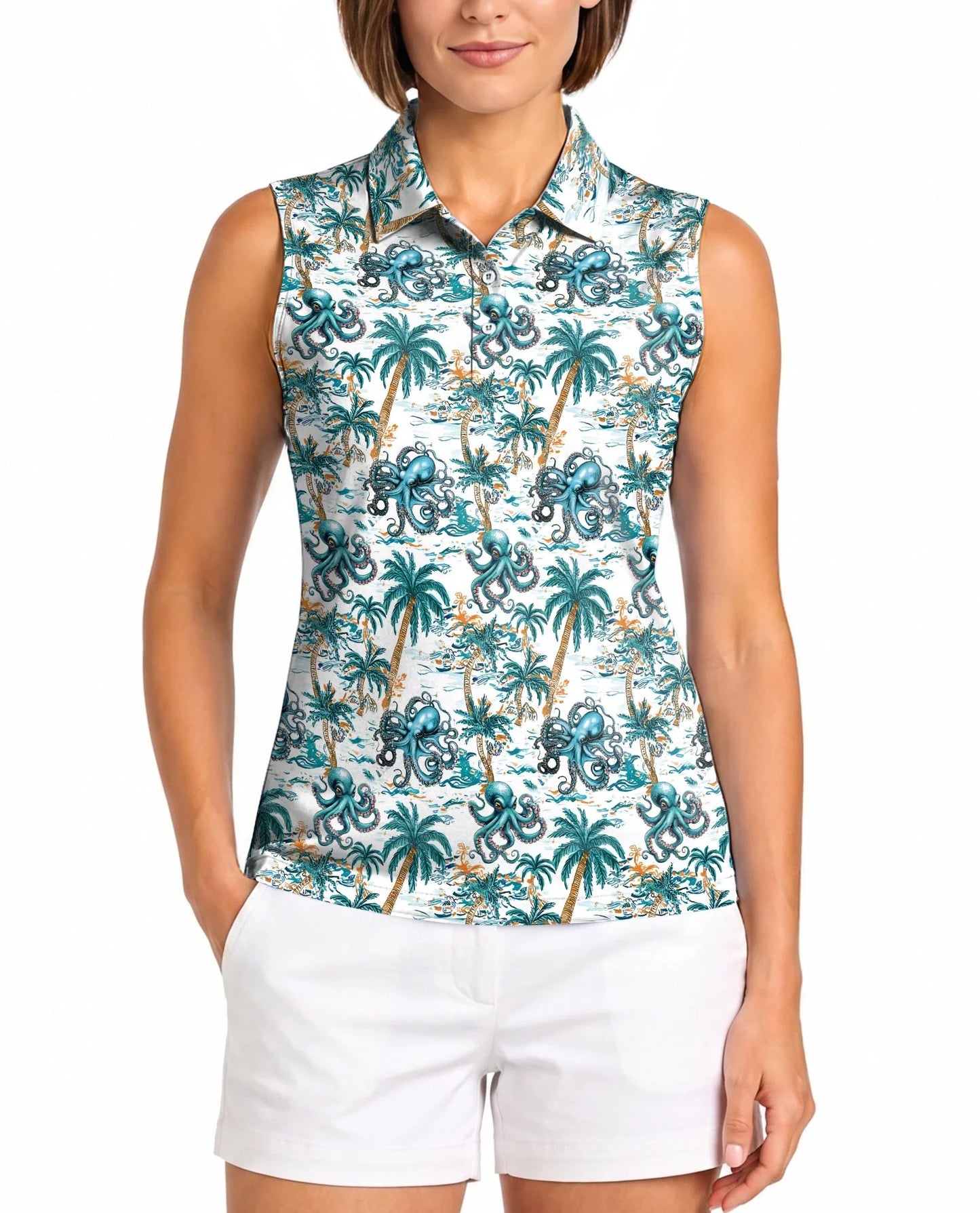 Octopus and Palm Tree Sleeveless Polo Shirt for Women | Azhawaiian