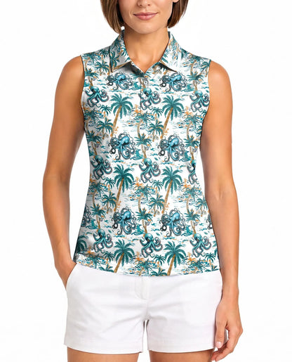 Octopus and Palm Tree Sleeveless Polo Shirt for Women | Azhawaiian