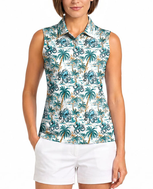 Octopus and Palm Tree Sleeveless Polo Shirt for Women | Azhawaiian