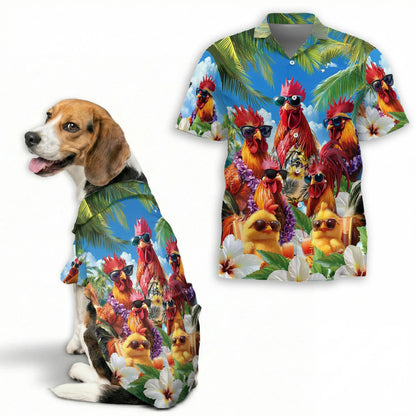 Chicken Wearing Sunglasses Print Matching Dog Owner Hawaiian Shirts, Funny Pet Aloha Shirt for Beach Vacation - Azhawaiian