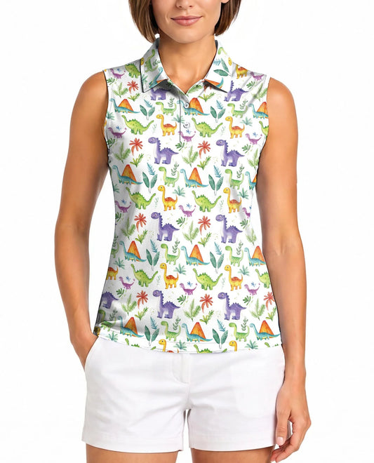 Dinosaur Tropical Sleeveless Polo Shirt for Women | Azhawaiian