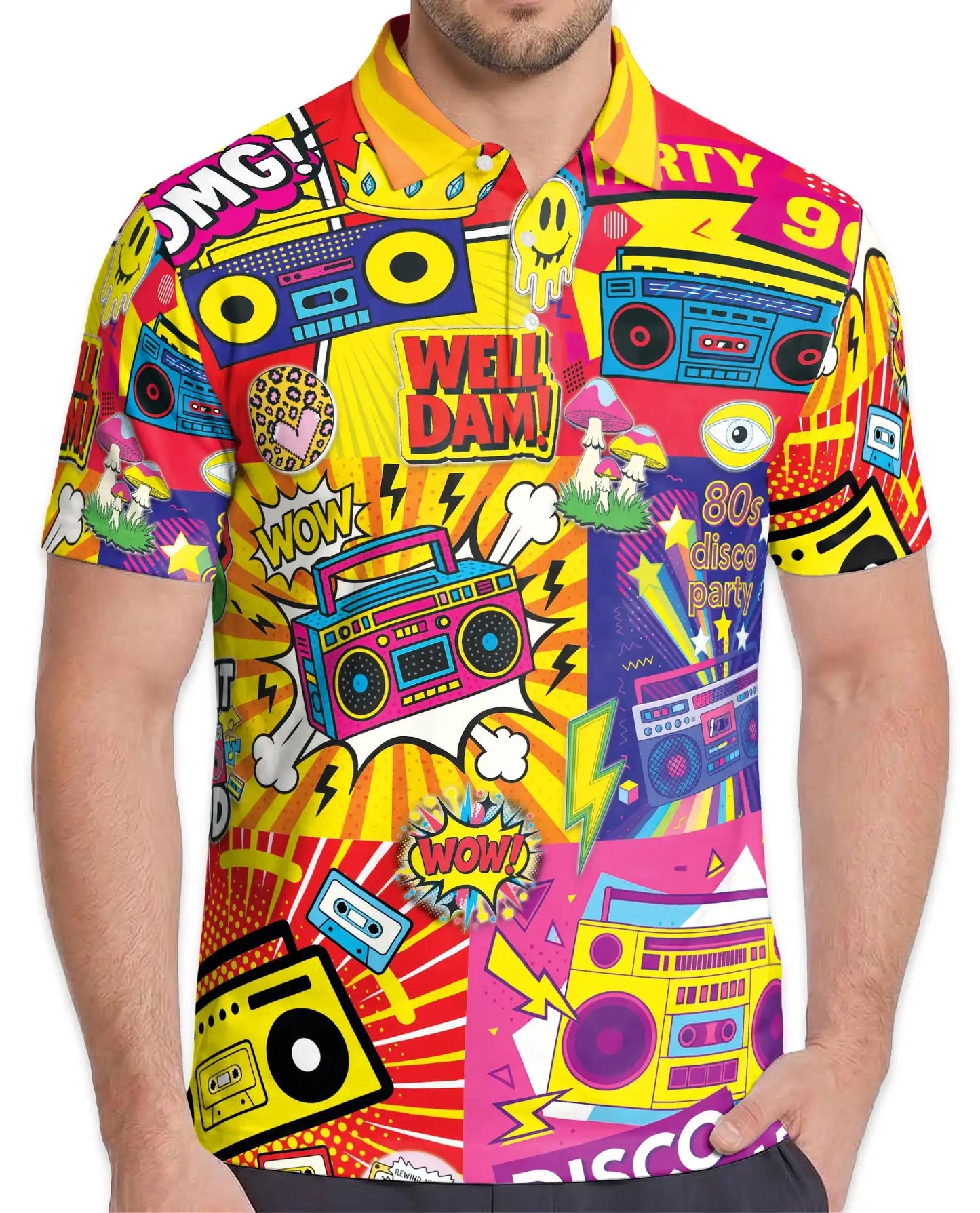 Retro 80s Disco Party Polo Shirt-Neon Boombox Music Design | Azhawaiian