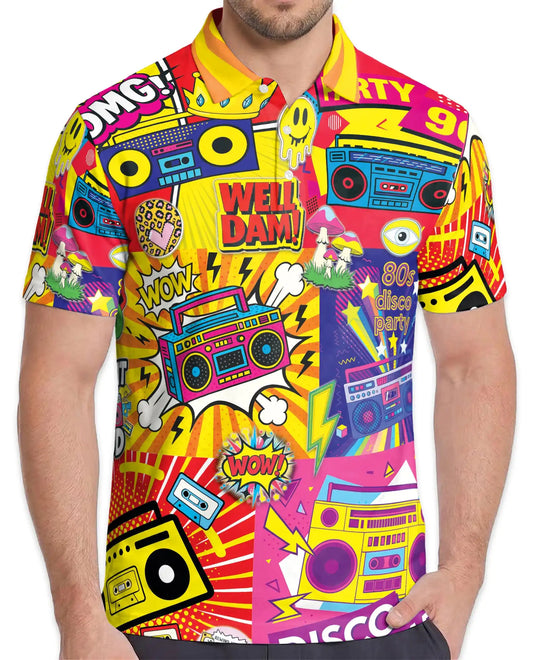 Retro 80s Disco Party Polo Shirt-Neon Boombox Music Design | Azhawaiian