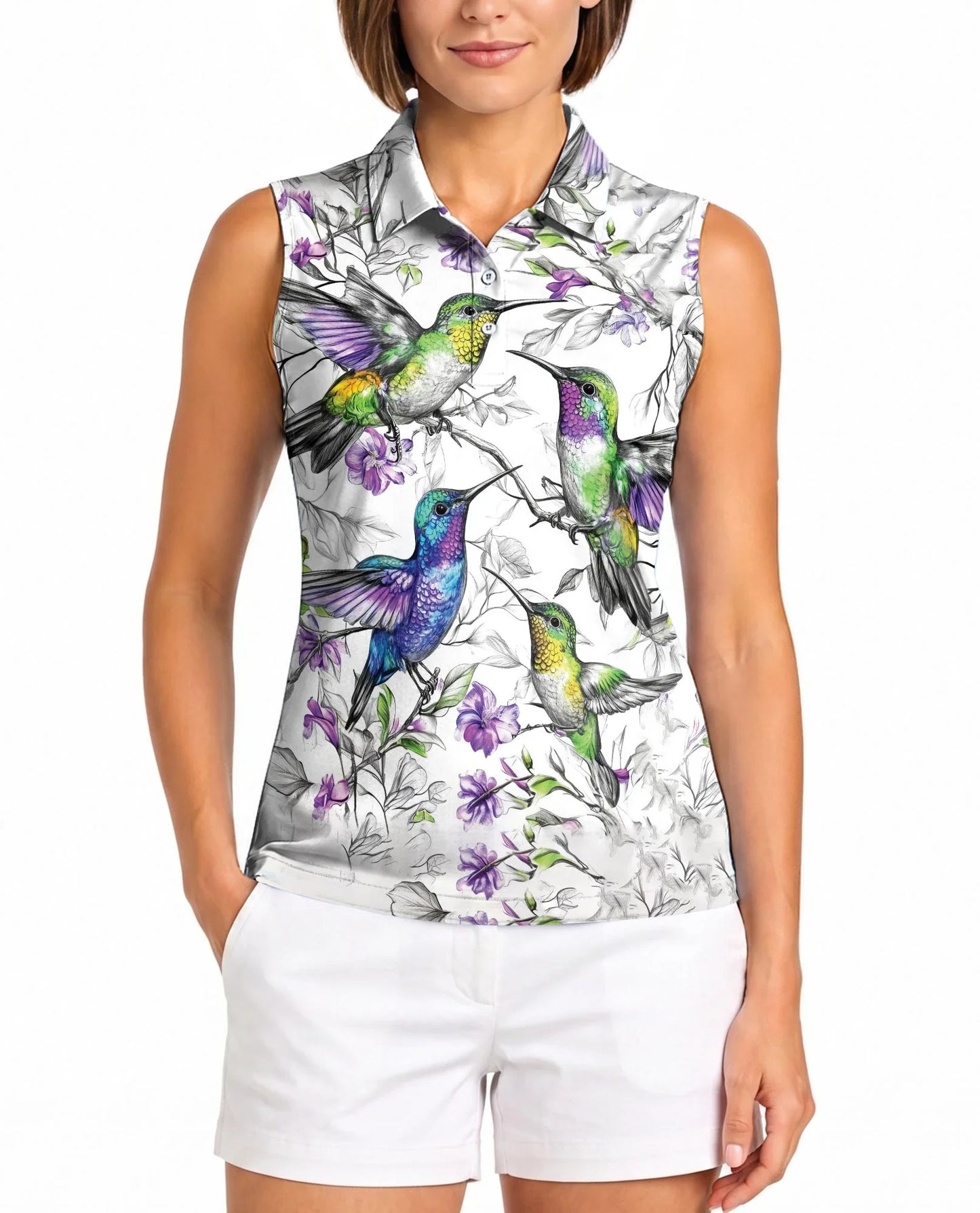 Vintage Hummingbirds Sleeveless Polo Shirt for Women | Azhawaiian