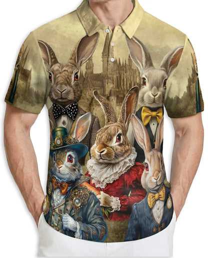 Vintage Rabbit 3D Polo Shirt for Men, Victorian Bunny Art Style | Azhawaiian