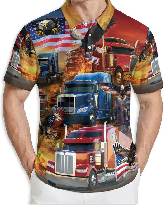American Truck 3D Polo Shirt for Men, Patriotic Eagle Trucker Style | Azhawaiian
