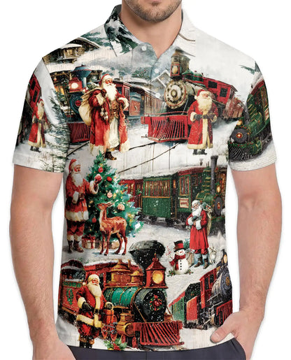 Santa Christmas Train Polo Shirt, Vintage Holiday Shirt | Azhawaiian