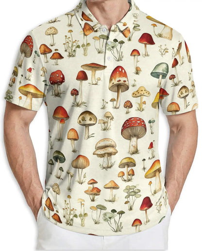 Mushroom Botanical Polo Shirt, Vintage Nature Print | Azhawaiian