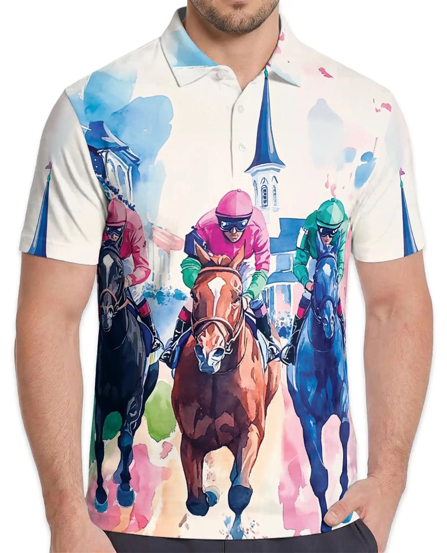 Horse Racing Polo Shirt - Watercolor Derby Jockey Style | Azhawaiian