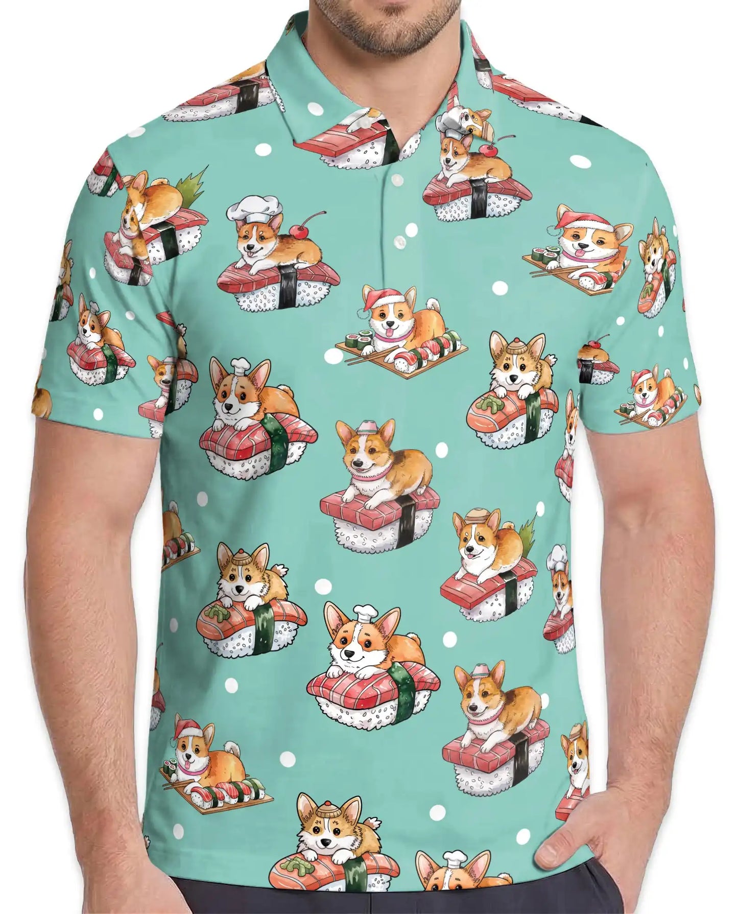 Cute Corgi Sushi Polo Shirt for Men - Funny Japanese Food | Azhawaiian