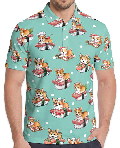Cute Corgi Sushi Polo Shirt for Men - Funny Japanese Food | Azhawaiian