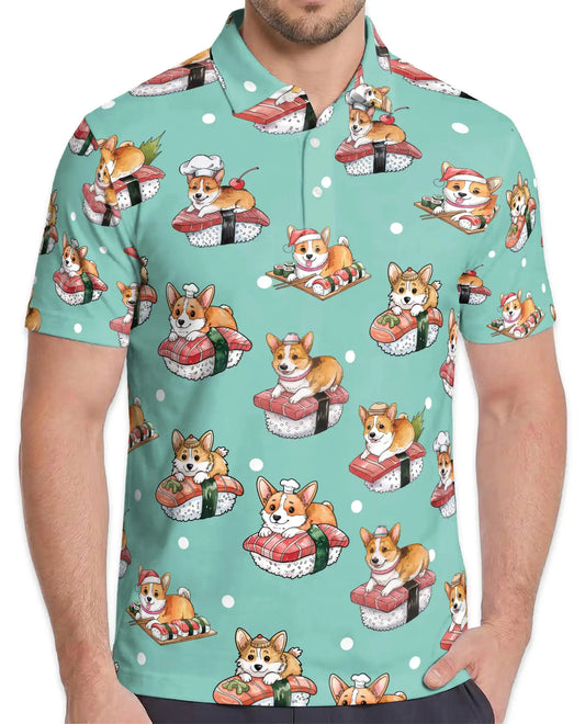 Cute Corgi Sushi Polo Shirt for Men - Funny Japanese Food | Azhawaiian