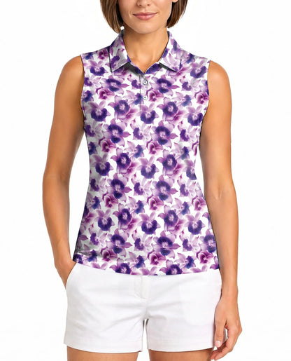 Purple Orchid Flower Sleeveless Polo Shirt for Women, Elegant Floral Style | Azhawaiian