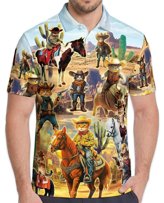 Vintage Desert Cowboy Cats Polo Shirt for Men, Western Animal Style | Azhawaiian