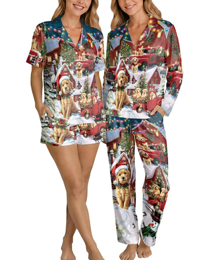 Christmas Dog Pajama Set for Women, Puppy Holiday Sleepwear with Winter Design
