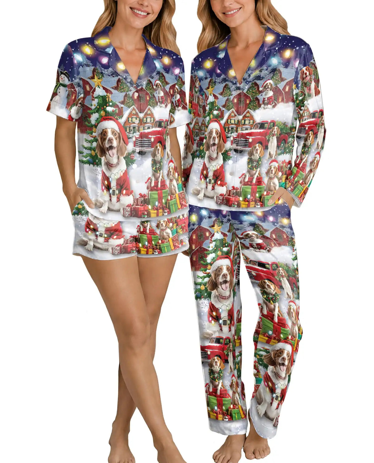 Christmas Santa Dog Pajama Set for Women – Snowy Red Truck Print