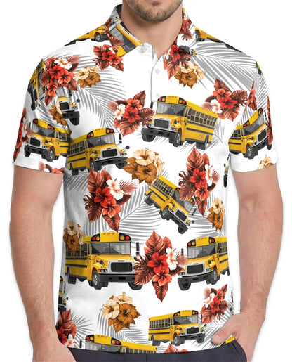 Yellow School Bus 3D Polo Shirt for Men, Summer Hawaiian | Azhawaiian