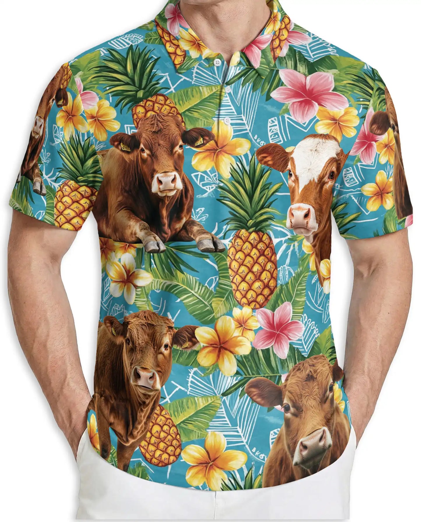Tropical Cow 3D Polo Shirt for Men, Pineapple Floral Farm Style | Azhawaiian